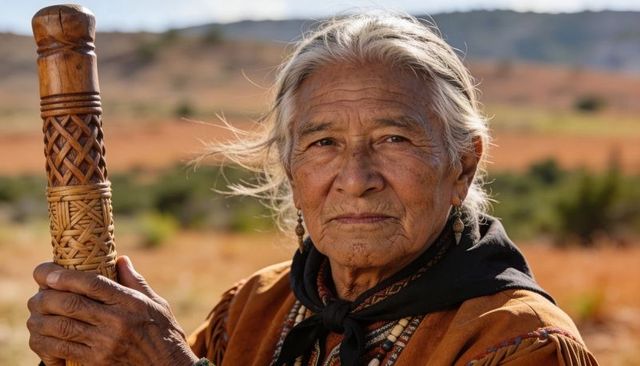Indigenous elder holding carved staff wearing fringed jacket and beaded necklaces