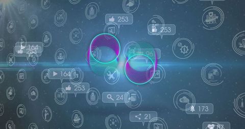 Futuristic digital interface with media icons and abstract circles