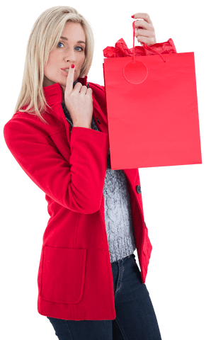 Blonde Woman Showcasing Red Gift Bag on Transparent Background