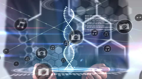 Businessman Interacting with Genetic Data Network Interface