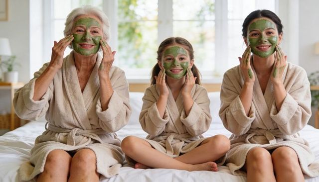 Multigenerational women applying green facial masks in beige robes on sunlit bed