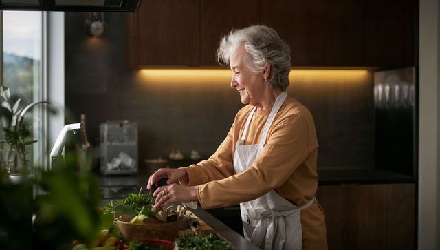 Senior woman trimming fresh herbs at modern kitchen counter, smiling while preparing meal