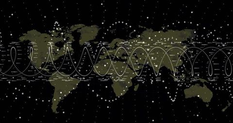 Olive Green World Map with Dotted Sine Waves and Binary Code