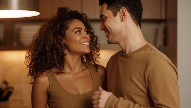 Warm romantic couple sharing intimate moment in cozy kitchen with soft pendant lighting
