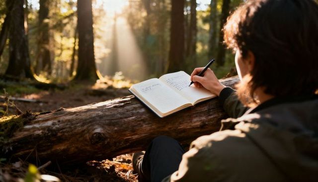 Solo journaling in sunlit forest: man writing in notebook on fallen log for mindfulness
