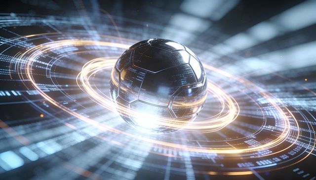 Rotating metallic sphere generating holographic data rings with futuristic hud interface