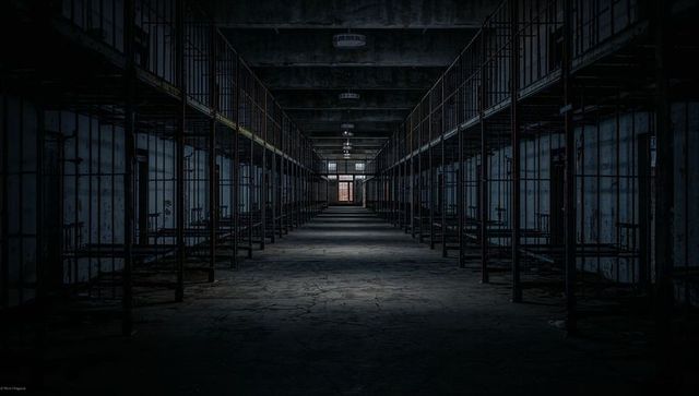 Abandoned Prison Cell Block Corridor Extending Into Darkness