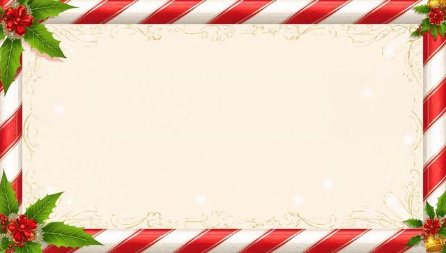 Festive candy cane border holiday greeting card background with holly, gold scrolls, bell