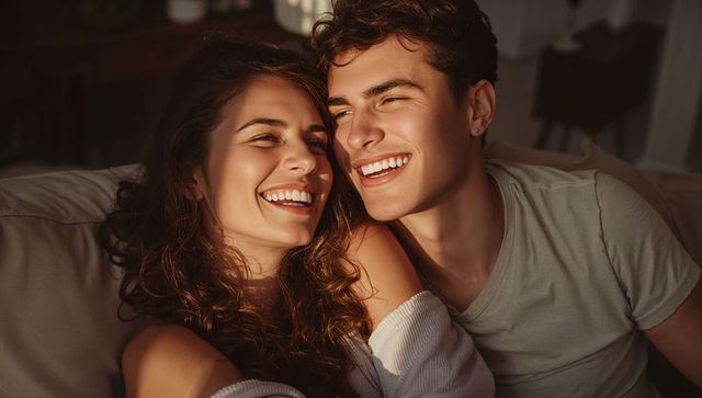 Smiling young couple cuddling on sofa in warm golden light, cozy romantic moment