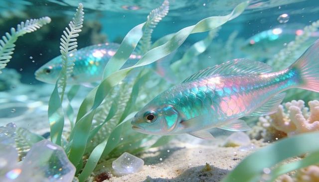 Iridescent teal and pink reef fish gliding through sunlit shallow seagrass with bubbles