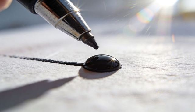 Macro pen tip forming glossy black ink droplet on textured paper with lens flare