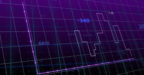 Animating neon 3d financial chart showing market trends on grid with floating numbers