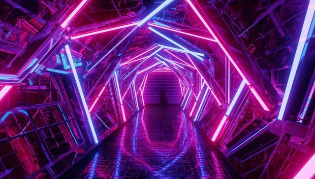 Futuristic neon corridor inside spacecraft with glowing light tubes