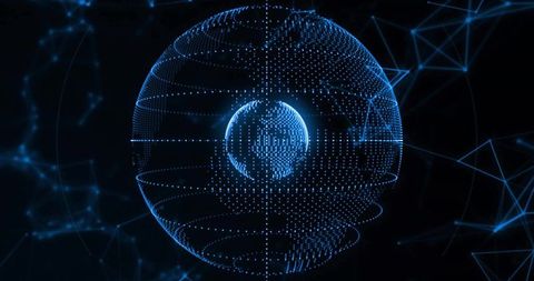 Futuristic Floating Wireframe Globe in Digital Network Structure