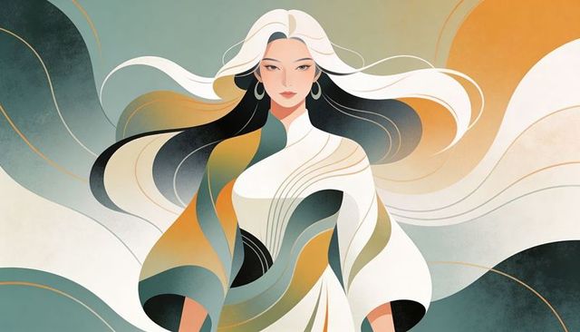 Ethereal woman wearing flowing robe and hoop earrings facing forward in abstract curves