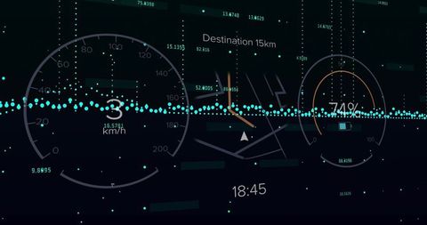 Displaying futuristic hud cockpit telemetry dashboard showing speed battery level and destination ma