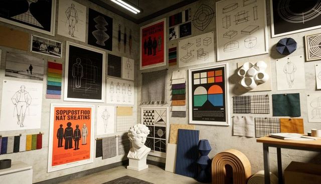 Modern design studio corner featuring plaster bust, material swatches, sketches, geometric art