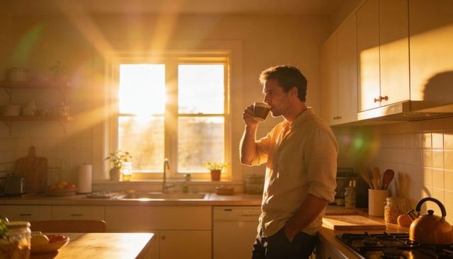 Man savoring morning coffee in sunlit kitchen embracing warm sunrise