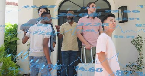 Multicultural travelers chatting on suburban porch with luggage and digital data overlay