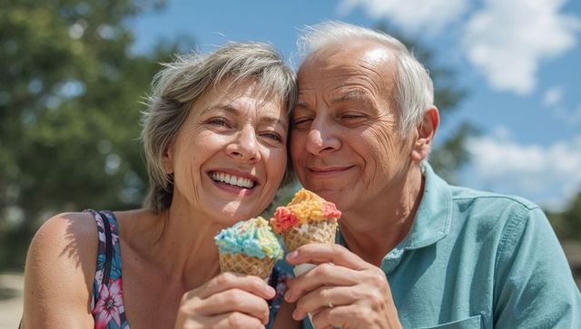 Smiling senior couple sharing colorful waffle-cone ice cream during sunny outdoor summer moment