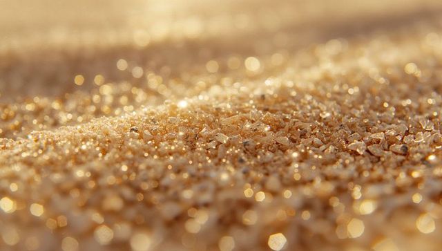 Shimmering golden sand grains under bright sunlight on dunes
