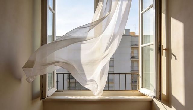 Billowing sheer curtain framing open casement window with sunlit urban balcony view