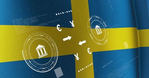 Swedish fintech transfer concept featuring bank icons, currency symbols, digital exchange