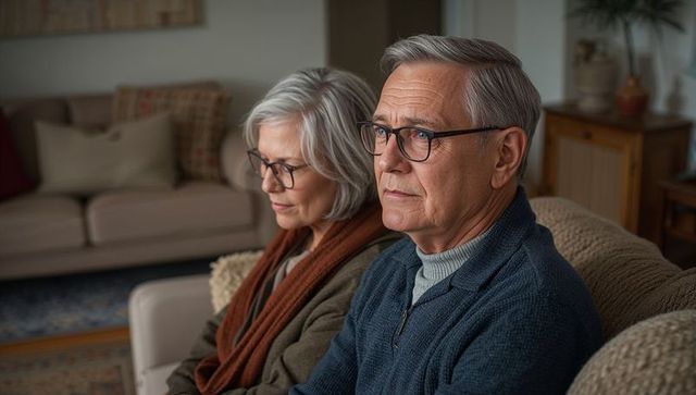 Thoughtful senior couple sitting on sofa in cozy living room wearing eyeglasses and sweaters