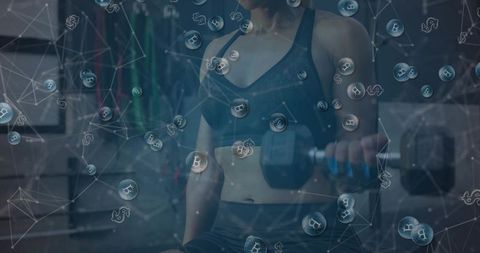 Fit woman lifting hex dumbbell with crypto network overlay, fitness and blockchain concept