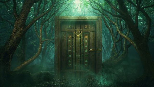 Enchanted doorway in mystical forest with glowing runes