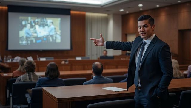 Attorney presenting evidence in courtroom during hearing with projection screen and audience