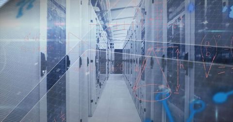 Futuristic data center with schematic overlays