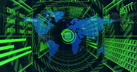 Neon cyber hud world map pulsing through data tunnel with analytics panels and timelines