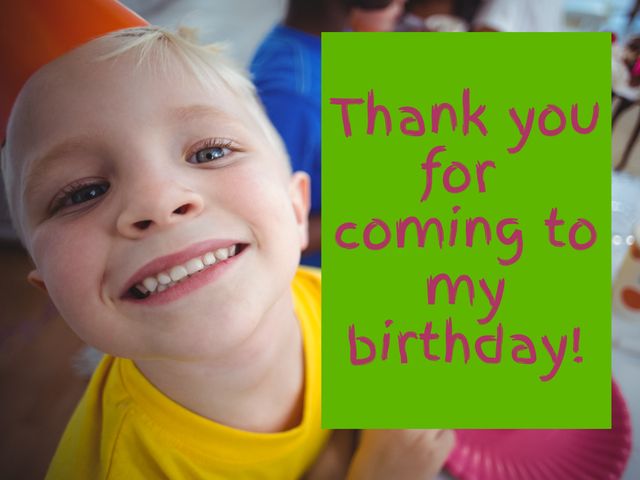 Cheerful thank you card design featuring a close-up of a smiling young child to show appreciation for attending a birthday party. Suitable for children's event invitations, party favors, and personalized thank you notes.