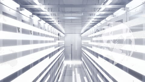 Futuristic Server Room with Digital Globe Overlay