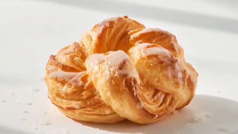 Slow push close-up revealing knotted glazed pastry with golden flaky layers and sugar crystals