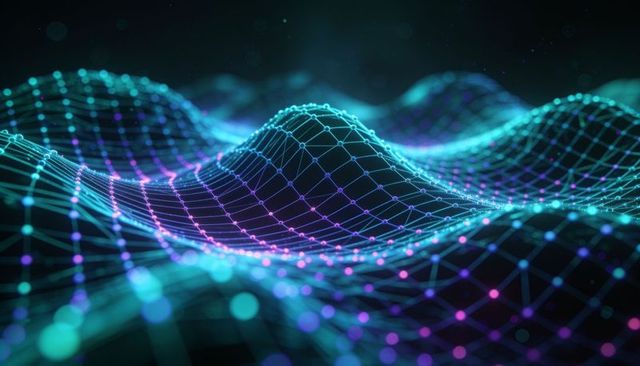 Undulating neon wireframe mesh creating digital data landscape and network visualization