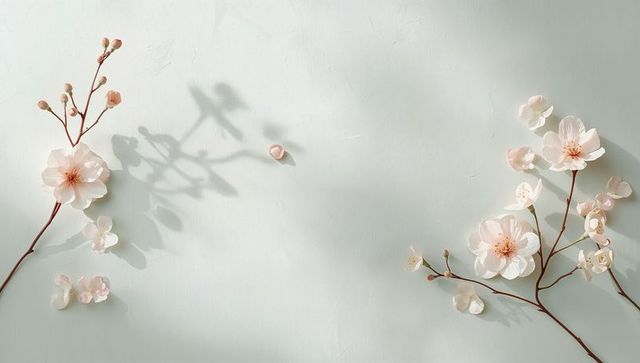Blush cherry blossoms resting on mint backdrop with soft shadows and left copy space
