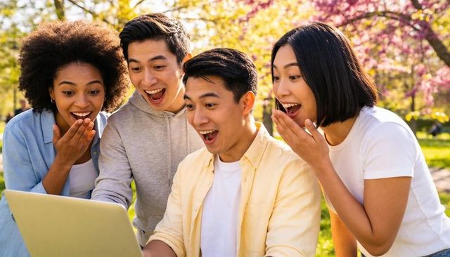 Diverse young friends reacting with excitement to laptop discovery in blooming spring park
