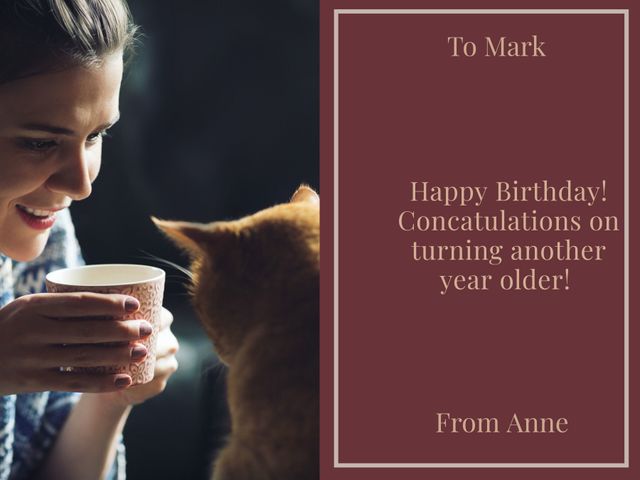 Ideal for creating personalized birthday cards, featuring a woman enjoying coffee while interacting with a cat. Perfect for themes of warmth, companionship, and cozy atmosphere. Could also be used in greeting cards, invitations, and other personal messages.