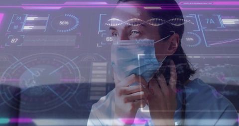 Clinician adjusting surgical mask viewing augmented reality medical hud with dna data