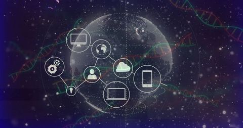Dotted wireframe globe connecting cloud, devices, data network with dna helix overlay