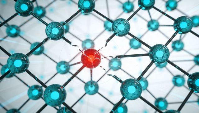 Cracking Central Node Glowing Red in 3D Molecular Lattice with Teal Spheres