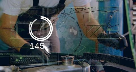 Mechanic Tightening Engine Near Fuel Cap with Futuristic HUD Overlay for Diagnostics