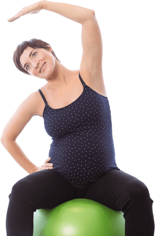 Pregnant Woman in Black Stretching on Ball with Transparent Background