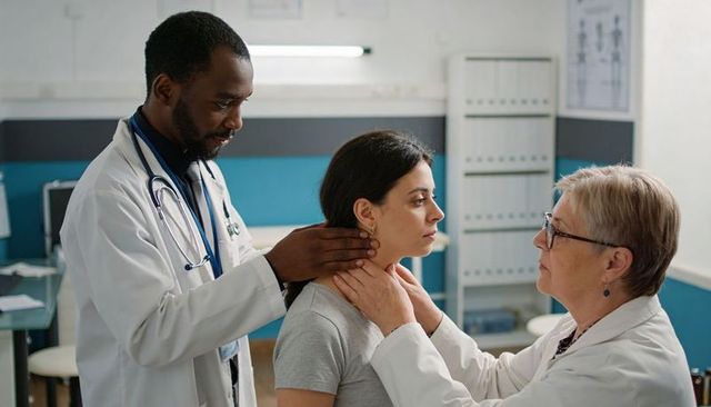 Physicians examining young woman neck for thyroid and lymph node assessment in outpatient clinic