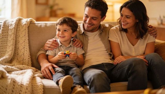 Smiling parents cuddling young son on beige sofa holding toy figure warm cozy family moment