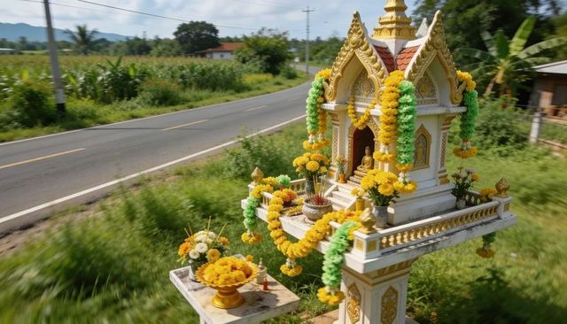 Roadside thai spirit house displaying marigold garlands and floral offerings