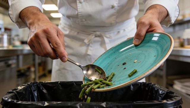 Chef scraping green beans into trash bin in commercial kitchen highlighting food waste