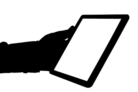 Transparent silhouette of hand holding tablet with copy space screen